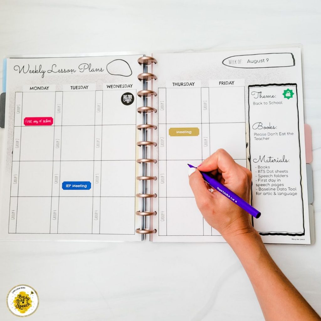 weekly speech therapy planner
