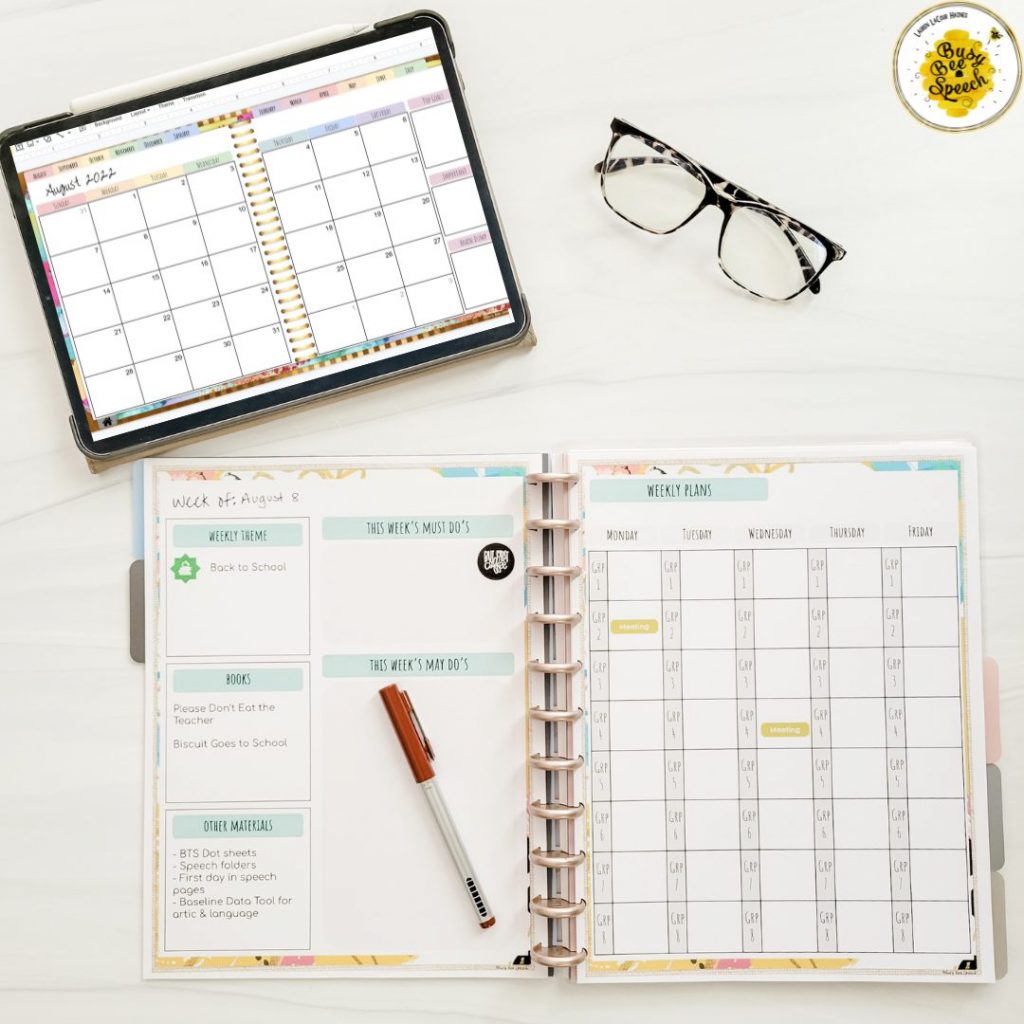 speech therapy planner and glasses